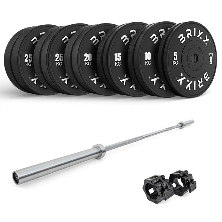 BRIXX 200kg PRO Black Olympic Bumper Plates + 20kg Barbell – BRIXX