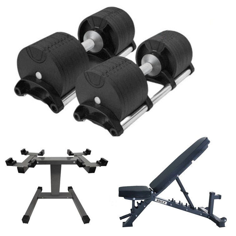 BRIXX 32kg Adjustable Dumbbell Sets, Rack and Adjustable Bench Package - BRIXX FITNESS