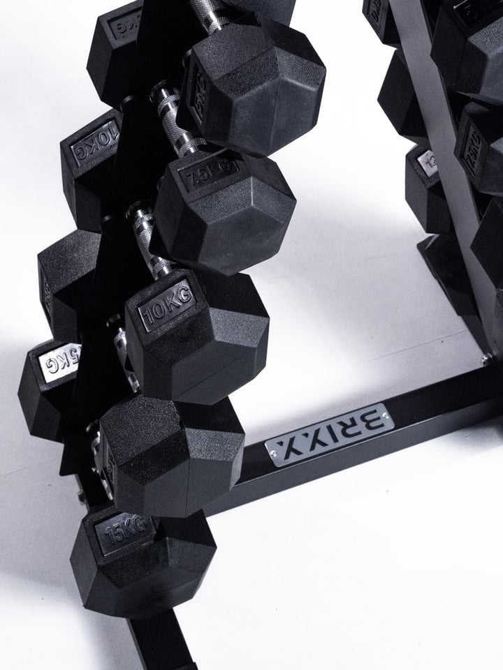 BRIXX 2.5kg - 15kg Hex Dumbbell & Rack Set | 6 Pairs - 105kg Package