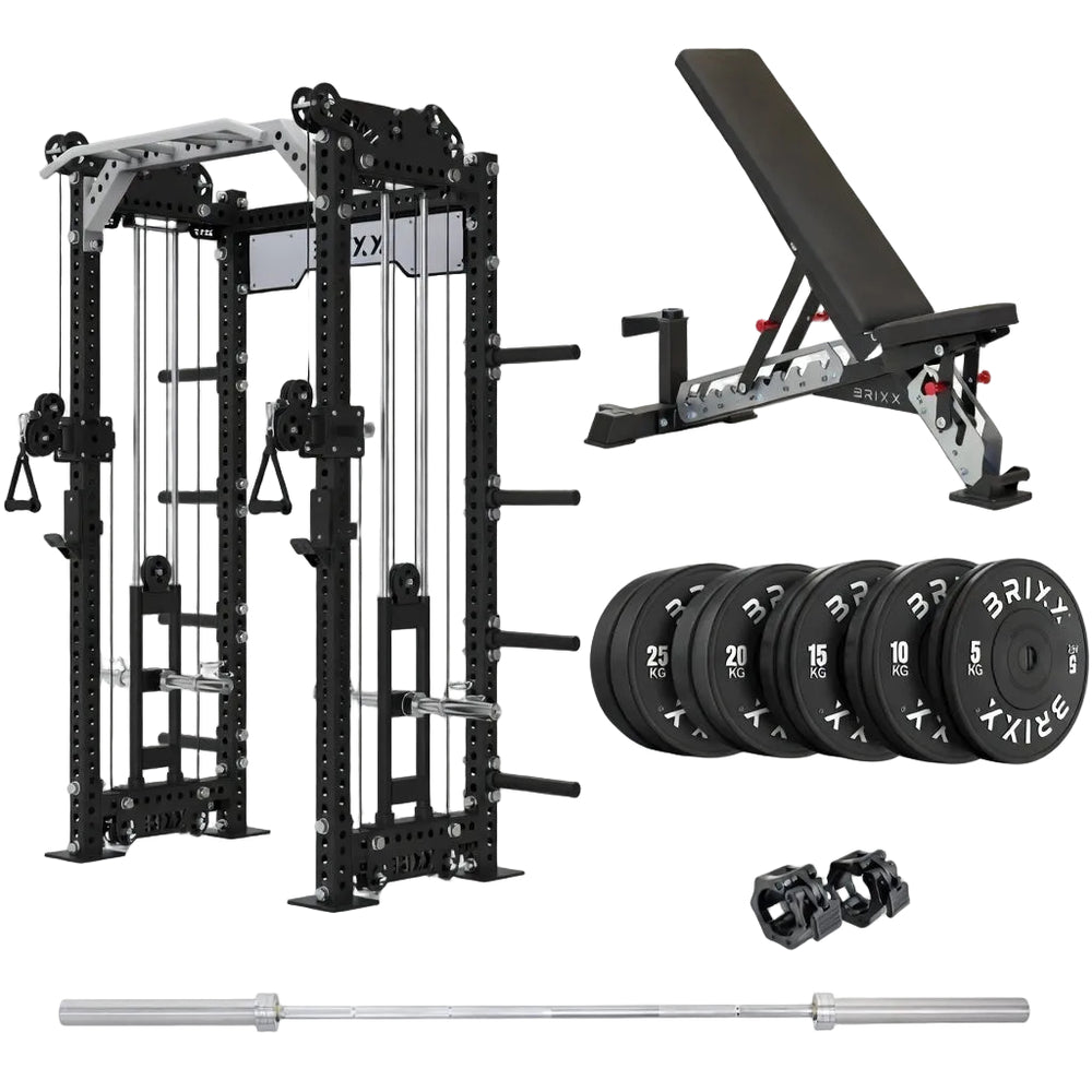 BRIXX power rack, weight bench, and weight plates on a white background