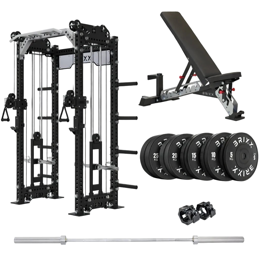 BRIXX power rack, weight bench, and weight plates on a white background