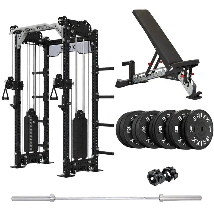 BRIXXX Apollo 3000 Functional Trainer, Bench, Plates & Barbell Package