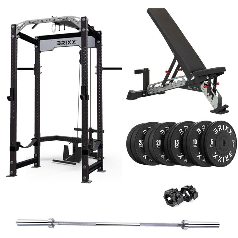 BRIXX Apollo Power Rack, Lat-Pulley & Low Row, Bench, Plates & Barbell Package