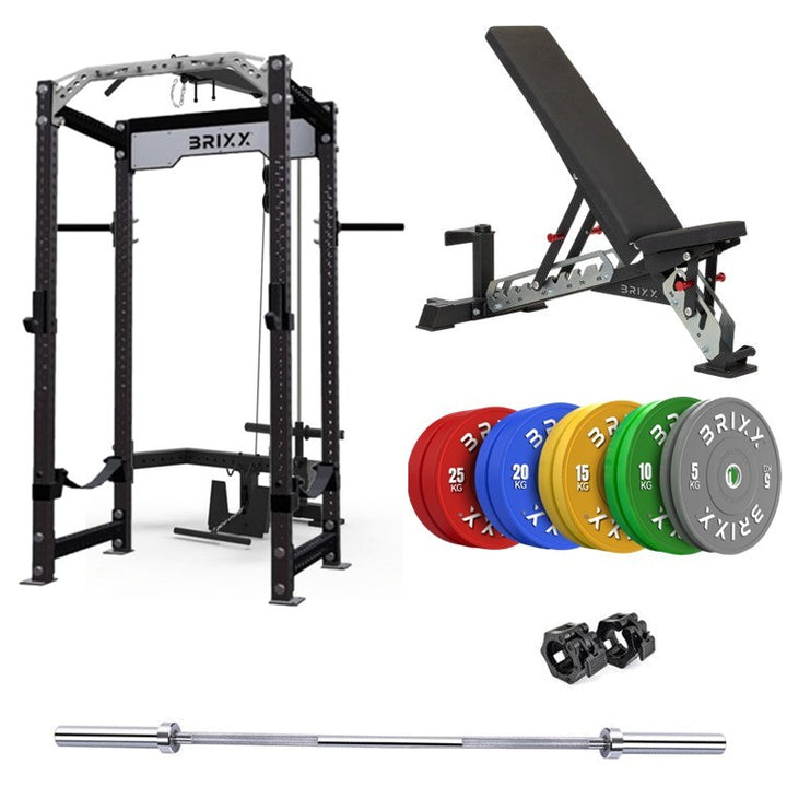BRIXX Apollo Power Rack, Lat-Pulley & Low Row, Bench, Plates & Barbell Package