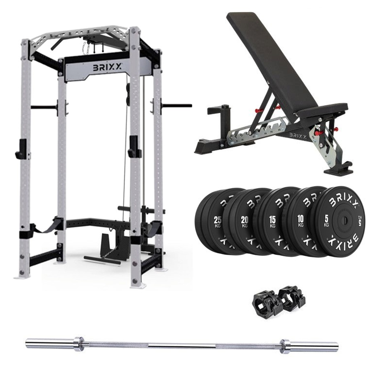 BRIXX Apollo Power Rack, Lat-Pulley & Low Row, Bench, Plates & Barbell Package