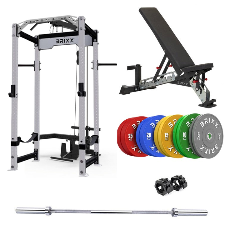 BRIXX Apollo Power Rack, Lat-Pulley & Low Row, Bench, Plates & Barbell Package