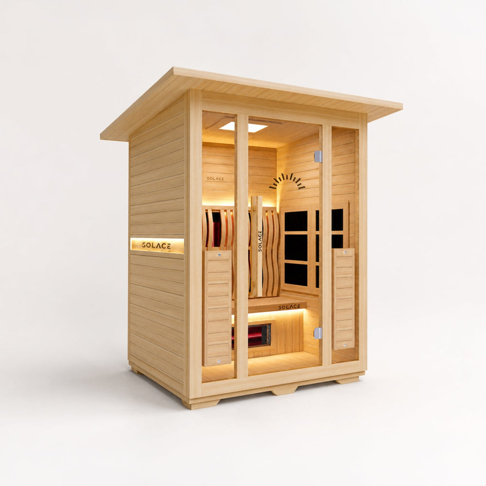 Solace Outdoor Full Spectrum Infrared Sauna in a backyard