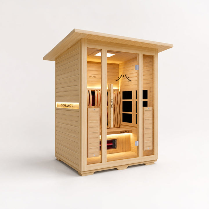 Solace Outdoor Full Spectrum Infrared Sauna in a backyard