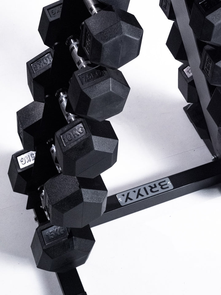 BRIXX 2.5kg - 30kg Hex Dumbbell & 2 Rack Set | 12 Pairs - 390KG Package