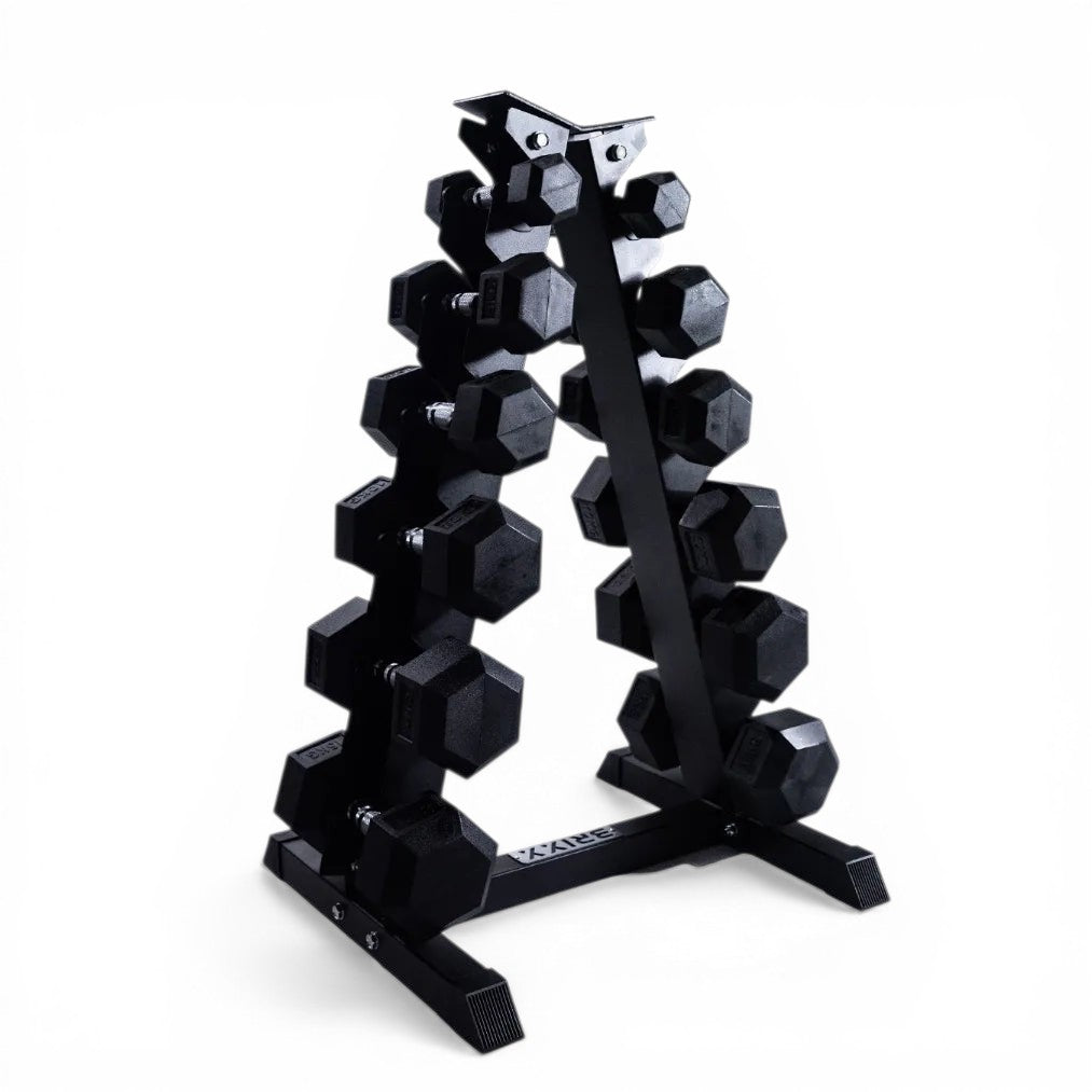 Black hexagonal dumbbells set on a stand against a white background