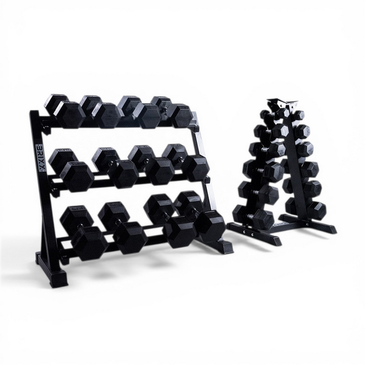BRIXX 2.5kg - 30kg Hex Dumbbell & 2 Rack Set | 12 Pairs - 390KG Package